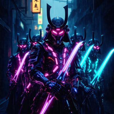The primary subject of the image is a man dressed in a futuristic costume, holding a pair of purple lightsabers. He is surrounded by several other men dressed similarly, all holding lightsabers. The setting appears to be a dark alley, with a city street visible in the background. The visual style of the image is a combination of photo and digital art, creating a futuristic and dramatic atmosphere. The dominant colors in the image are purple and black, which contribute to the overall mood of the scene